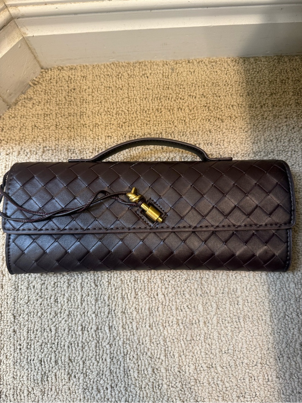 Woven Leather Clutch with Top Handle - Dark Brown
